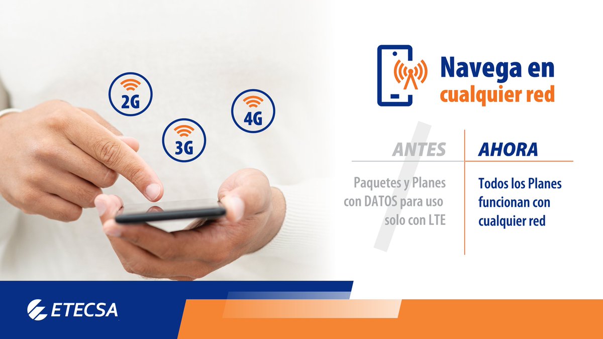 ¿Sabias que los planes de datos están disponibles en todas las redes: 2G, 3G y 4G?

¡Conéctate como nunca antes!

#EtecsaConCuba