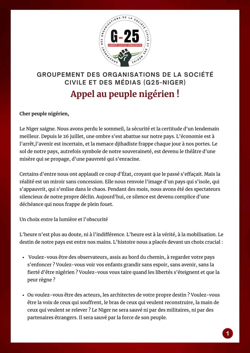 nazirou00227's tweet image. 🇳🇪 Le Niger saigne.
Depuis le 26 juillet, nous avons perdu sécurité, liberté et espoir.
L’économie s’effondre, le terrorisme progresse, la pauvreté s’aggrave, la peur étouffe la justice.

Nous disons STOP à ce silence complice!

#Niger #G25 #NonAuCoupDEtat #Liberté #DroitsHumains
