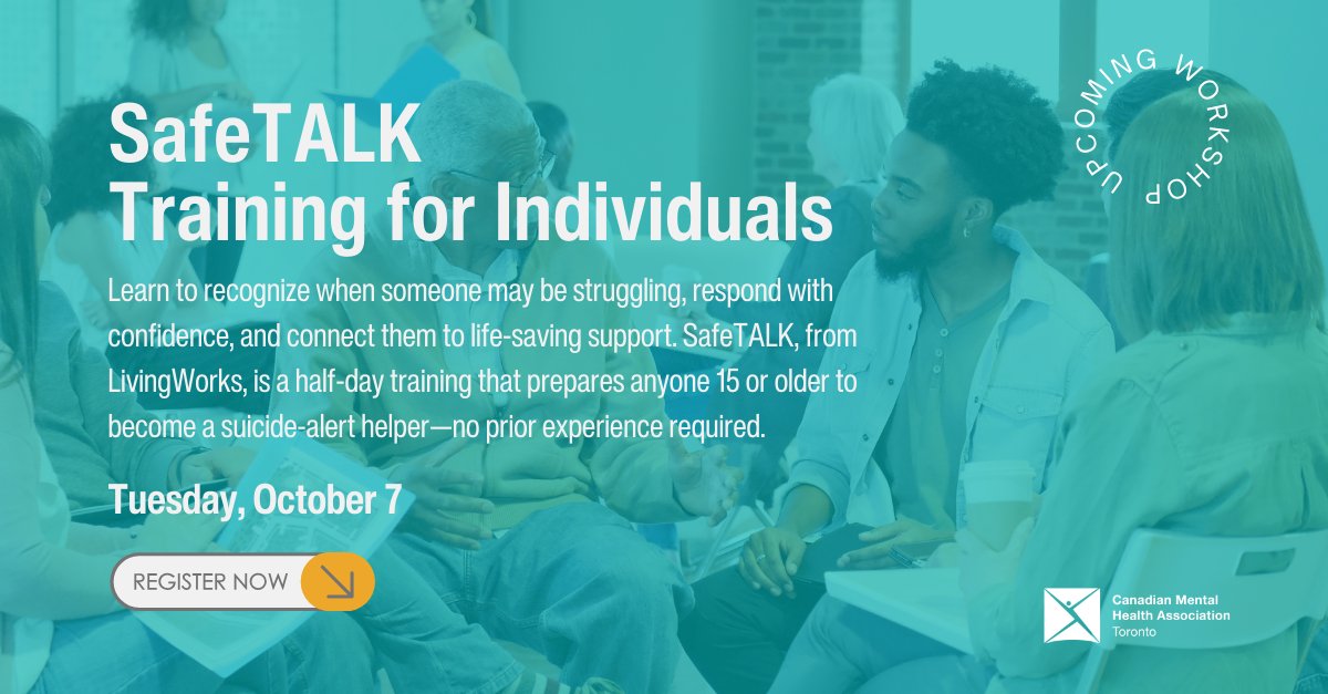 Join us on October 7 for SafeTALK, a half-day training from LivingWorks that teaches you how to recognize signs of suicide and connect individuals to life-saving support. Open to anyone 15 and older4 - no previous experience required. 

Register today - ow.ly/mWK750WTqQq