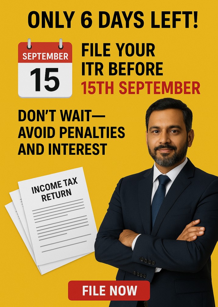 Induconsultant's tweet photo. 🕒 Only 6 days left to file your ITR!
📅 Deadline: 15 Sept
💸 Penalty up to ₹5,000
📉 No loss carry-forward if late
🧾 Refunds delayed
🚫 Higher scrutiny risk
Let’s make it audit-ready &amp; stress-free.
📲 Book Now: 9790077633 | induconsulting3@gmail.com
#ITRDeadline https://t.co/mLijQoEvzQ