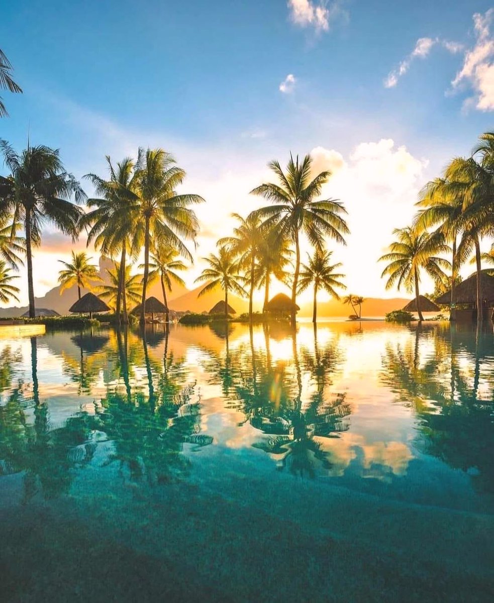 The beauty of Bora Bora with infinity pool and sunset