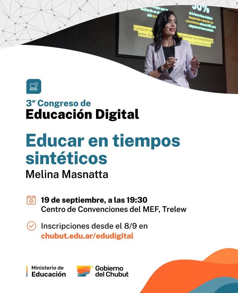 🔜 Nos vemos el viernes 19/9 en mi querido Chubut para conversar sobre #EducarEnTiemposSinteticos en el Congreso de Educacion Digital de <a href="/EducacionChubut/">Educación Chubut</a> 💪 Inscribite acá ▶️ chubut.edu.ar/inicio/program…