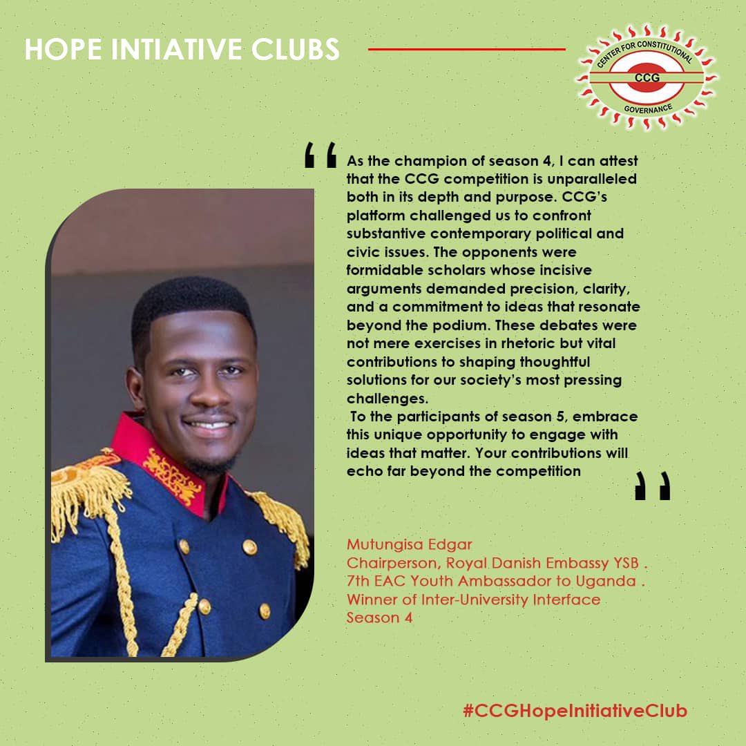SarahBireete's tweet photo. 📌📌
@mutungisaedgar1 was the 4th winner of the #CCGHopeInitiativeClubs #InterUniversityDebates In his own words “CCG competition is unparalleled both in depth and purpose”.

Look out for the next #InterUniversityDebate Competition on 31st October at Hotel Africana and livestream @CivicSpaceTV @ccgea1 @KatibaMuseum
