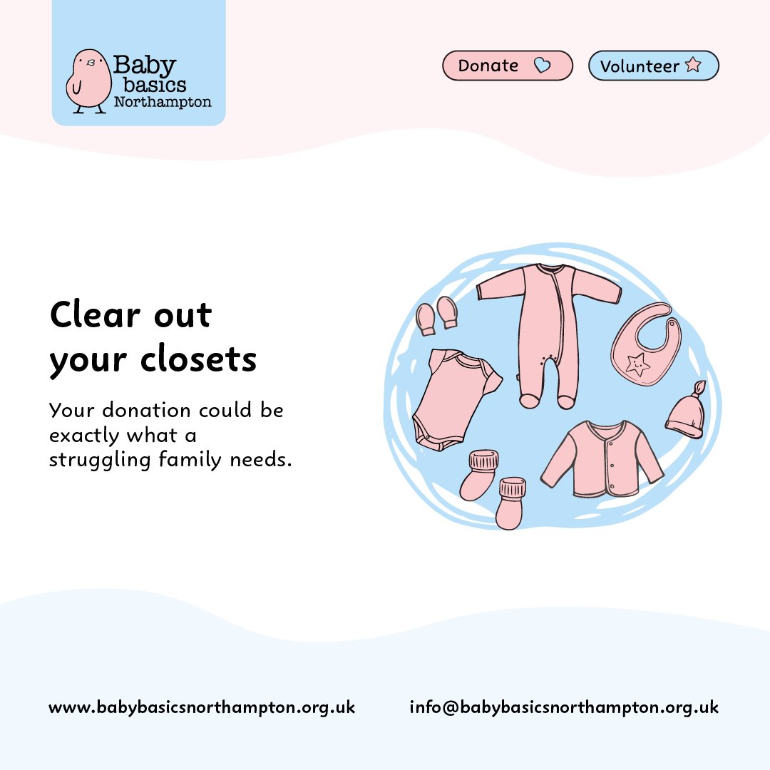 BabyBasicsNN's tweet image. 👕 Clear out your closets with purpose! 

We accept gently used baby clothes (up to 5 years), shoes, coats, and more. 

Your donation could be exactly what a struggling family needs. 

Learn more: babybasicsnorthampton.org.uk/accepted-donat…

#DeclutterForGood #CharitySupport