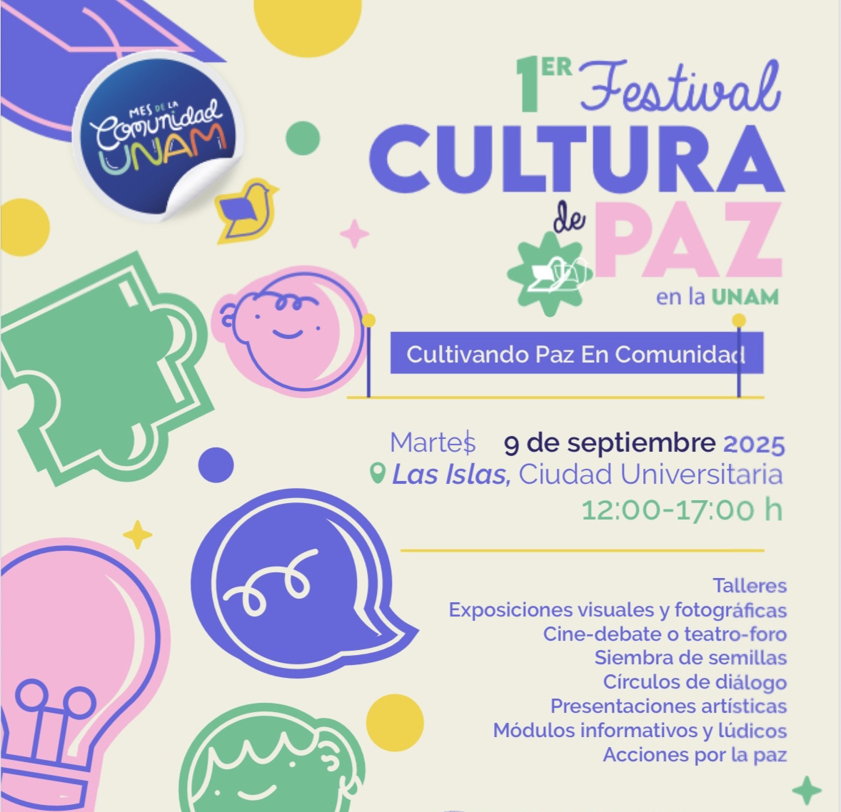La UNAM lanza una estrategia institucional para promover la cultura de paz. 🗓️ #HoyEnLaUNAM encontrarás talleres, cine y arte en las #IslasCU, a partir de las 12 h.
Piensa, actúa, transforma 🙌. La paz empieza en comunidad.
#CulturaDePazUNAM 🕊️