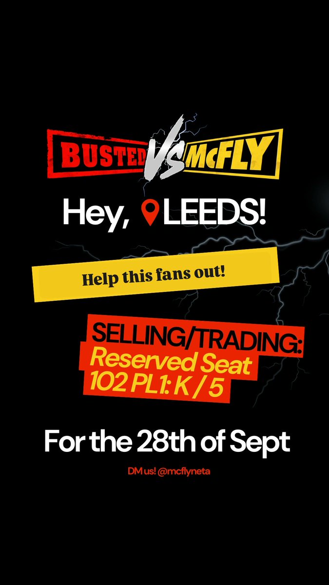 mcflyneta's tweet image. We are selling a ticket for MCFLY LEEDS 28/9 !! 102 PL1 - K / 5 

#BustedVsMcfly #Leeds @mcflymusic 
@Busted
