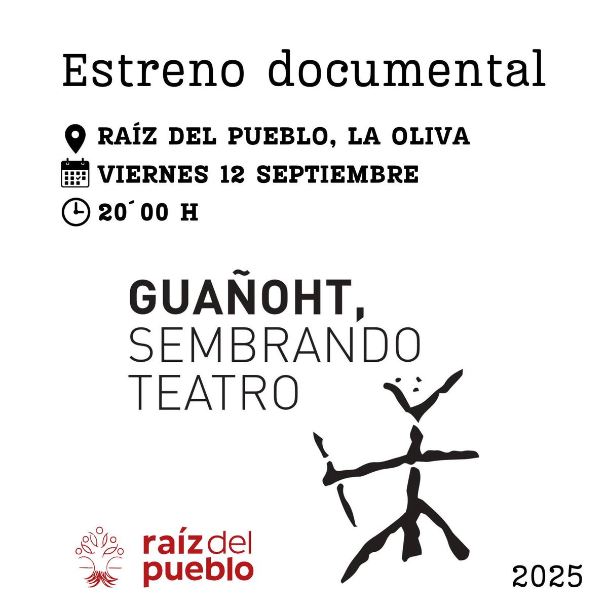 raizdelpueblo's tweet photo. Después de un libro y de meses de trabajo, ¡por fin se estrena el documental GUAÑOHT, SEMBRANDO TEATRO! 🎥🎭🤩
📌Toma nota: el viernes 12 de septiembre a las 20 horas.
¡Les esperamos!
#raizdelpueblo #haciendopueblo #sembrandocultura #teatro #Guañoth #LaOliva #Fuerteventura https://t.co/nuk2P2xPtr