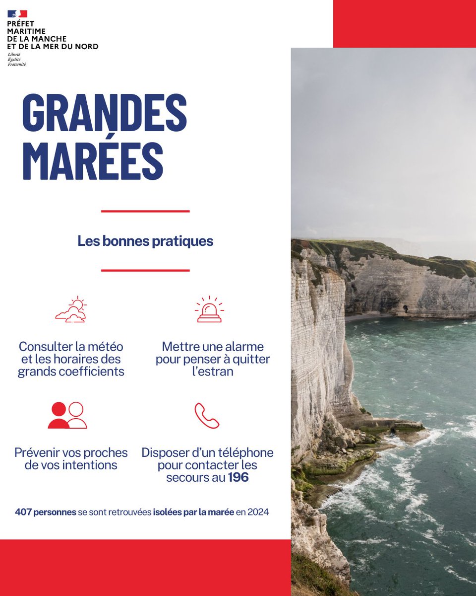 ⚠️ #Vigilance #GrandesMarées 

Jusqu'au jeudi 11 septembre 2025 inclus, des coefficients de marée supérieurs à 100 sont attendus sur la façade maritime #Manche #MerDuNord.

Retrouvez ci-dessous les consignes de <a href="/premarmanche/">Préfecture maritime Manche et mer du Nord</a>.