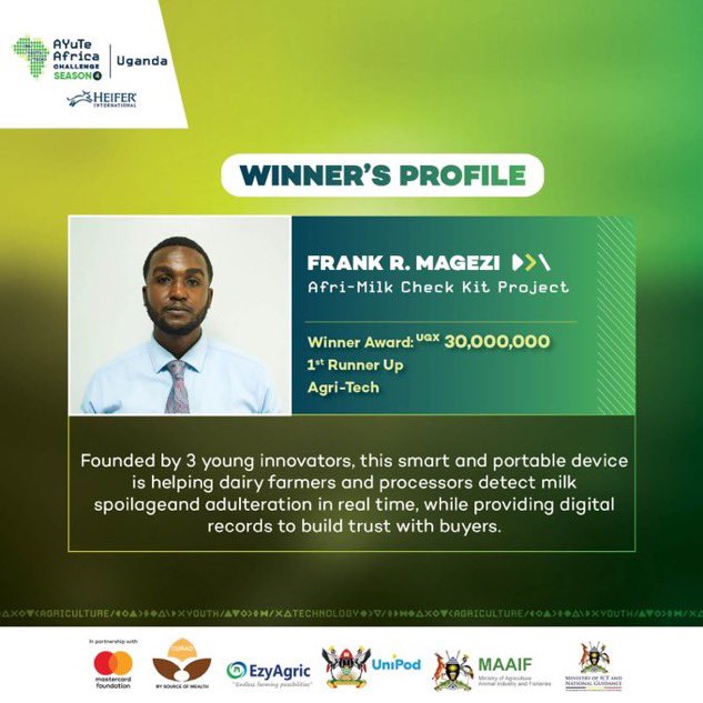 LilyNampa's tweet photo. Congratulations to Mr. Frank R. Magezi, 1st Runner-Up in the Agri-Tech category
His Afri-Milk Check Kit Project is a brilliant innovation in dairy quality assurance, highlighting the importance of technology in food safety and agricultural production.
#AYuTeUG25 #TechItThere https://t.co/6IesOWYQhc