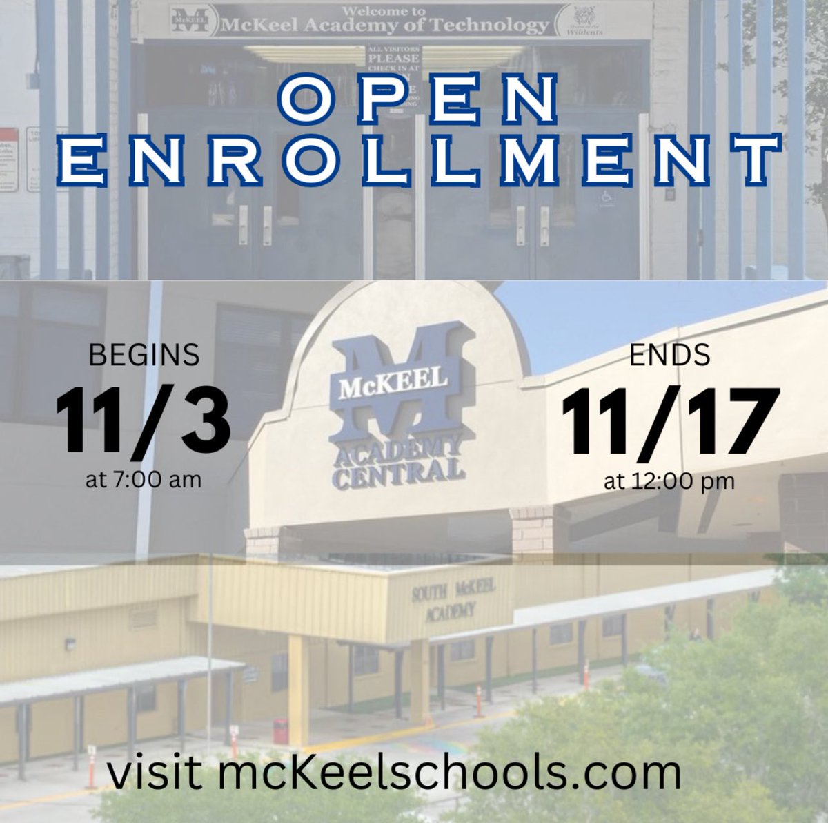 It’s almost here…TSMA Open Enrollment for the 2026/27 school year!

📌Save the dates
📌 11/3 @ 7am through 12 noon on 11/17

Visit mckeelschools.com for more info where you’ll find the 2026/27 OE application available for PreK-12 beginning on 11/3.

#WeAreMcKeel