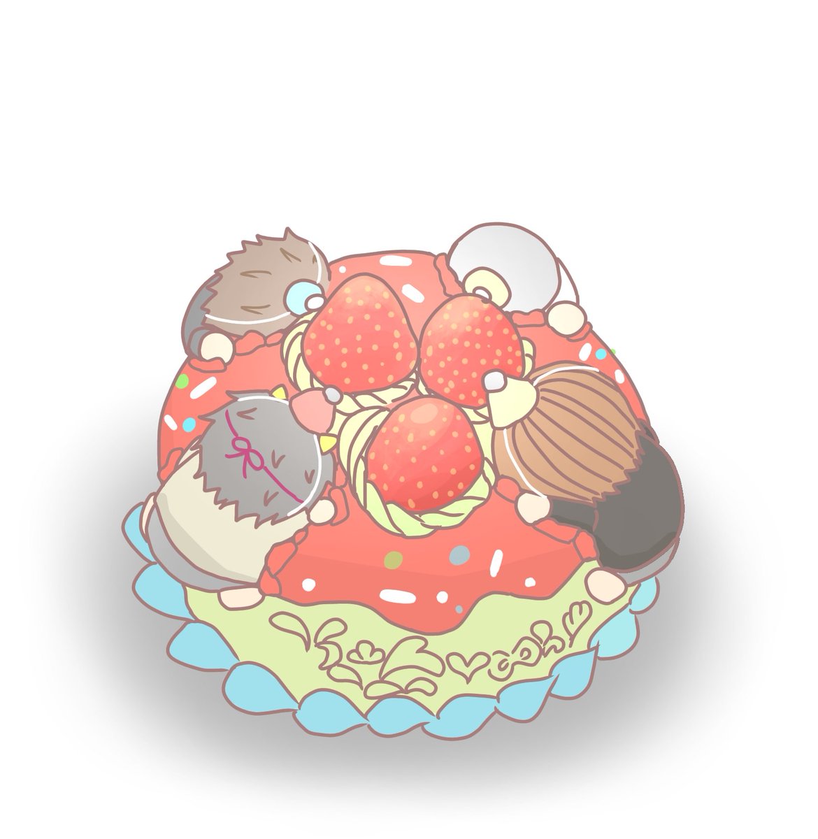 UdC6z's tweet image. お祝いのケーキ可愛すぎる！みんながケーキにめり込んでるところとか、👹先生の角までついてて作り込みがすごいな...。

文字は16th Anniversaryって書いてあるの気づかなくて模様にしちゃった。
#MSSP16周年 
 #MSSPアート