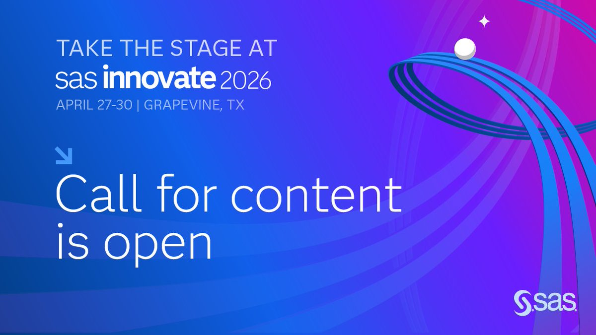 SASsoftware's tweet image. It’s our Call for Content’s debut ⭐. You heard it right—SAS Innovate 2026 is back and we will be in Grapevine, TX with thousands of data and AI enthusiasts.
Make your proposal specific, outcome-driven & demo-ready. Our expert panel reviews each submission by Nov. 7!…