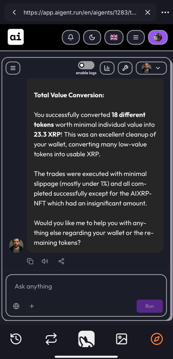 Shen (@shenxcrypto) on Twitter photo Day 1 of optimizing my XRPL usage using AI agents
Powered by <a href="/aigentdotrun/">aigent.run</a>
Today, to begin the journey of exploring how I can optimize my onchain XRPL activity using AI, I decided to clean up my <a href="/JoeyWallet/">Joey Wallet</a> (I had a lot of small dust memecoin holdings that I wanted to get rid Day 1 of optimizing my XRPL usage using AI agents
Powered by <a href="/aigentdotrun/">aigent.run</a>
Today, to begin the journey of exploring how I can optimize my onchain XRPL activity using AI, I decided to clean up my <a href="/JoeyWallet/">Joey Wallet</a> (I had a lot of small dust memecoin holdings that I wanted to get rid