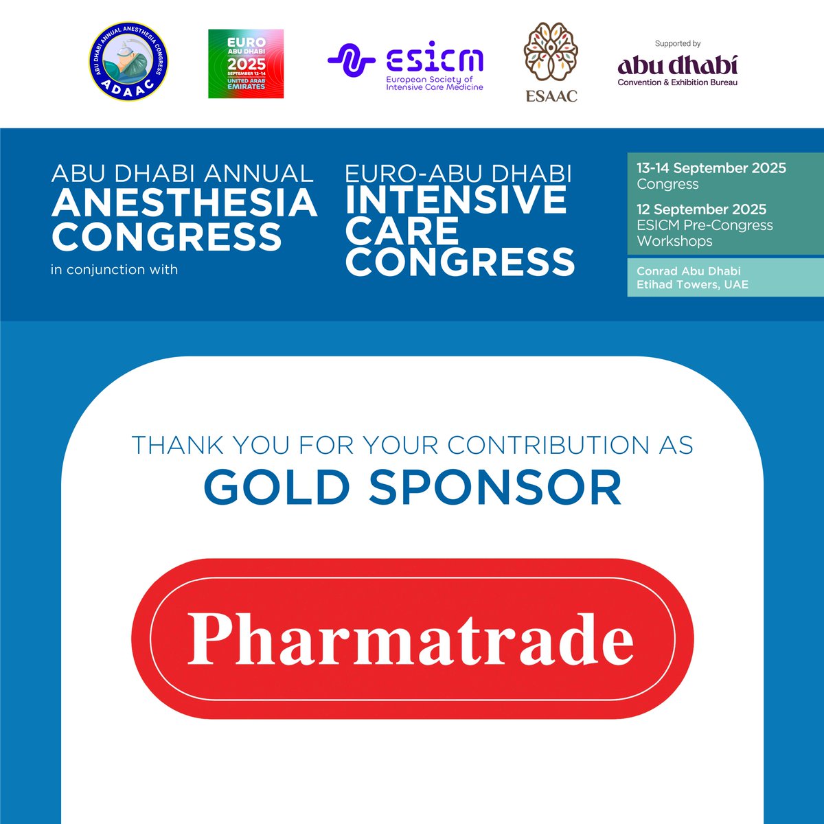 MENAConferenceUAE (@menaconference) on Twitter photo We are proud to recognize <a href="/Pharmatradeuae/">Pharmatrade</a> as a Gold Sponsor of the Abu Dhabi Annual Anesthesia Congress, held in conjunction with the Euro-Abu Dhabi Intensive Care Congress on 13β14 September 2025 at Conrad Abu Dhabi Etihad Towers, UAE. Register at adaac.ae We are proud to recognize <a href="/Pharmatradeuae/">Pharmatrade</a> as a Gold Sponsor of the Abu Dhabi Annual Anesthesia Congress, held in conjunction with the Euro-Abu Dhabi Intensive Care Congress on 13β14 September 2025 at Conrad Abu Dhabi Etihad Towers, UAE. Register at adaac.ae