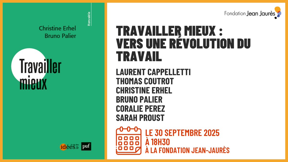 🔴 <a href="/laurentcappelle/">laurent cappelletti</a>, Thomas Coutrot, Christine Erhel, <a href="/BPalier/">Bruno Palier</a> &amp; Coralie Perez présentent leurs propositions pour redonner sens au travail. Débat animé par Sarah Proust. 

📅 30 septembre à 18h30
📍 Fondation Jean-Jaurès, Paris IXᵉ
✅ Inscriptions : jean-jaures.org/agenda/travail…