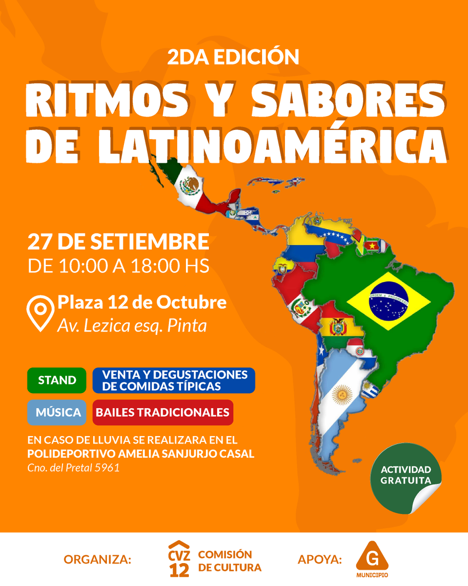 Mañana sábado, se realiza la segunda edición del evento Ritmos y Sabores Latinoamericanos. Actividad integradora que invita a vecinas 🙋🏻‍♀️ y vecinos a probar gastronomía 🌮 y disfrutar de música y bailes tradicionales 💃🏽 de distintos países de Latinoamérica.