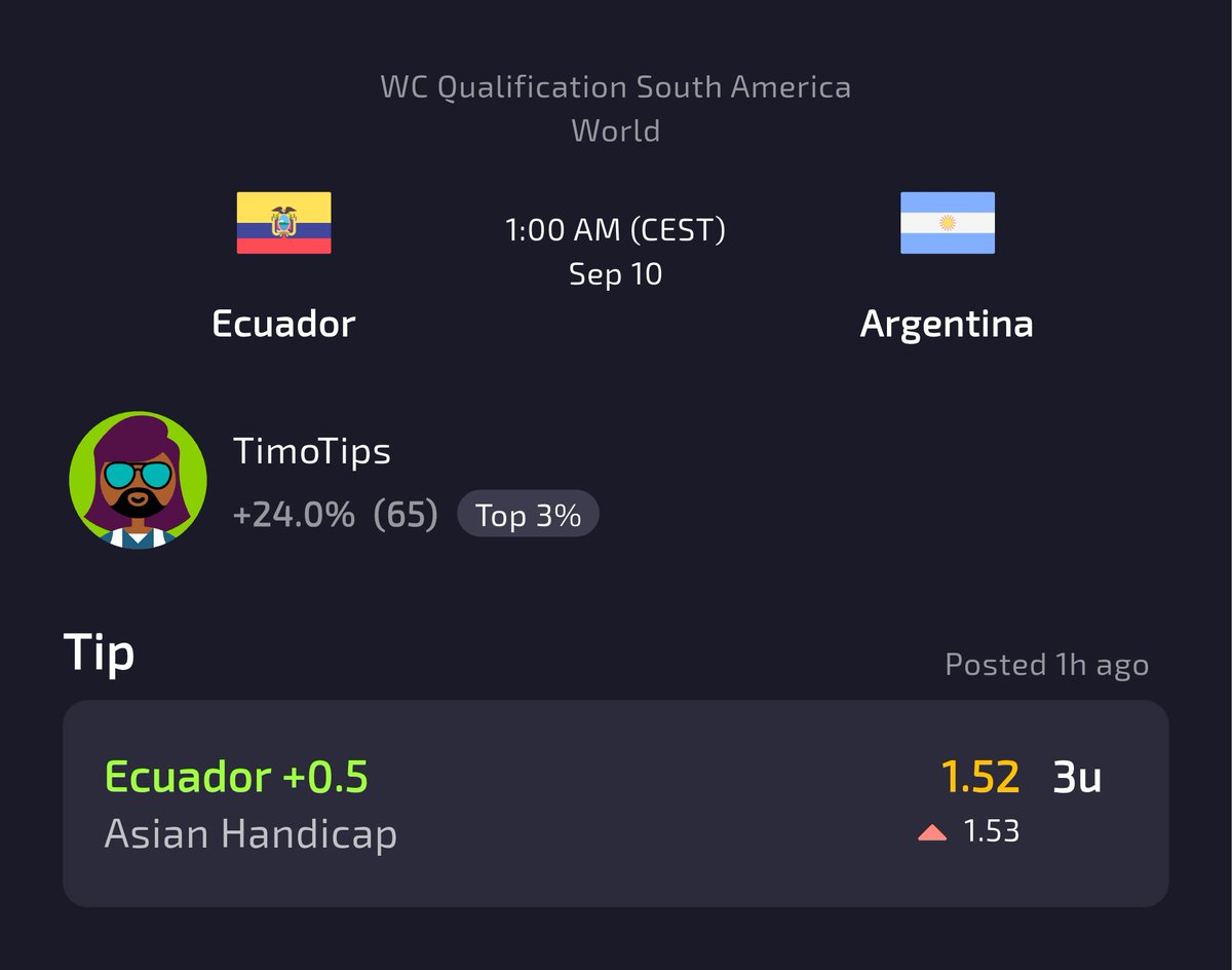 ⚽ WC Qualification South America ⚽
         🇪🇨 Ecuador vs. 🇦🇷 Argentina

The World Cup Qualification South America match between Ecuador and Argentina has garnered attention with a betting tip from TimoTips, our top 3% tipster with a +24.0% ROI over 65 picks. 

The tip favors