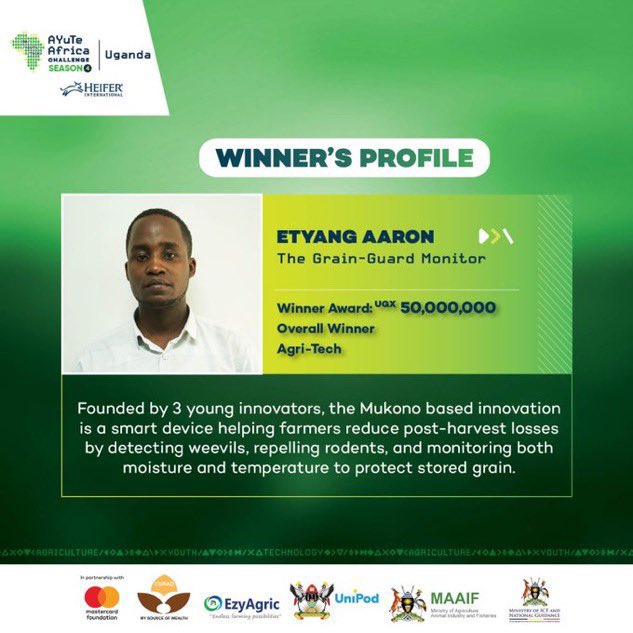 ayebazibweagath's tweet photo. Huge Congratulations to Mr. Etyang Aaron, the Overall Winner in the Agri-Tech category at #AYuTeUG25

His innovative Grain-Guard Monitor is a game changer, enhancing post-harvest grain management through smart technology.
Indeed tech can truly transform agriculture.

#TechItThere https://t.co/lgQQKAAdQ2