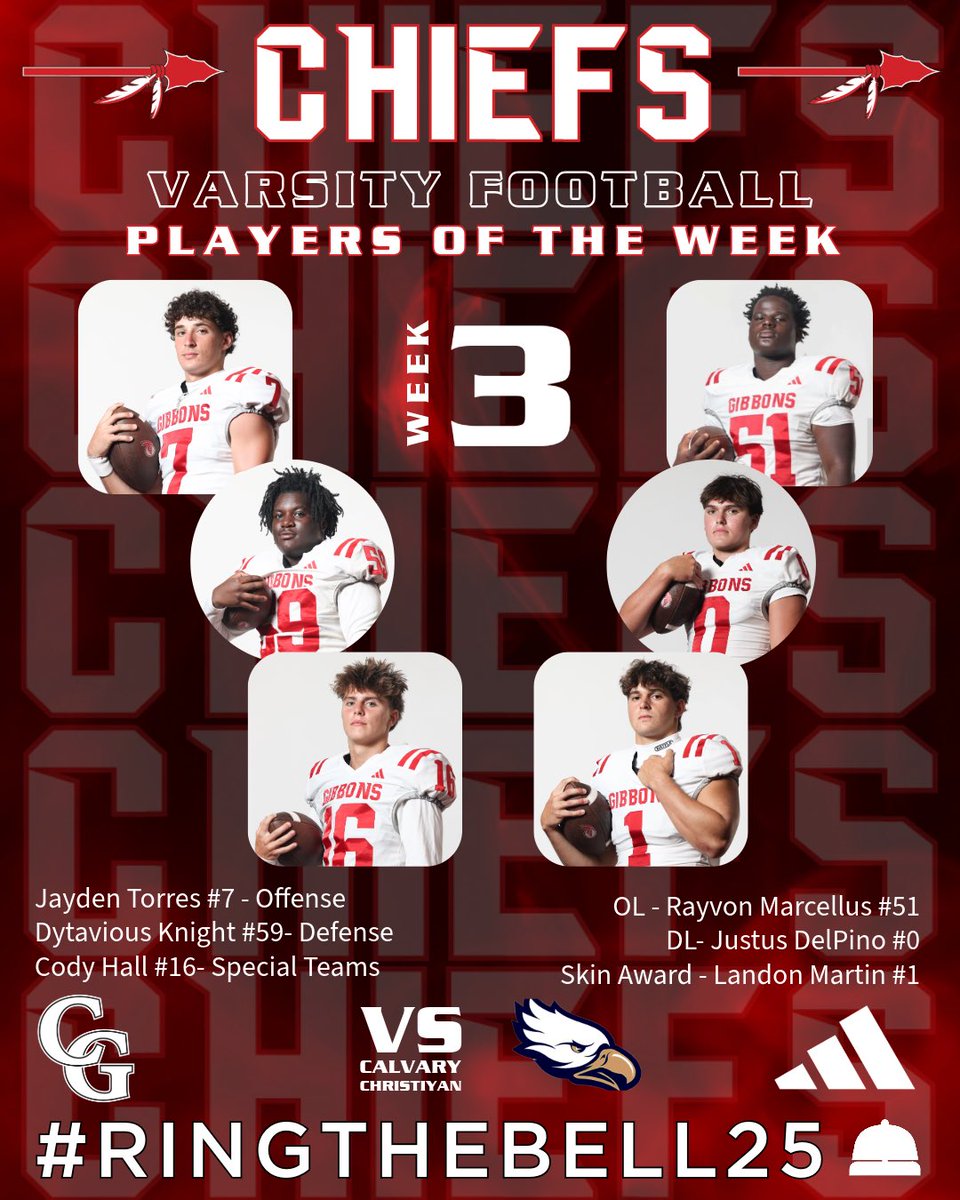 Congratulations To Our
Players of the Week 🔴⚪️
Week #3
VS Calvary Christian Eagles
Jayden Torres #7 - Offense
Dytavious Knight #59- Defense
Cody Hall #16- Special Teams
OL - Rayvon Marcellus #51
DL- Justus DelPino #0
Skin Award - Landon Martin #1
#RingTheBell25 🛎️