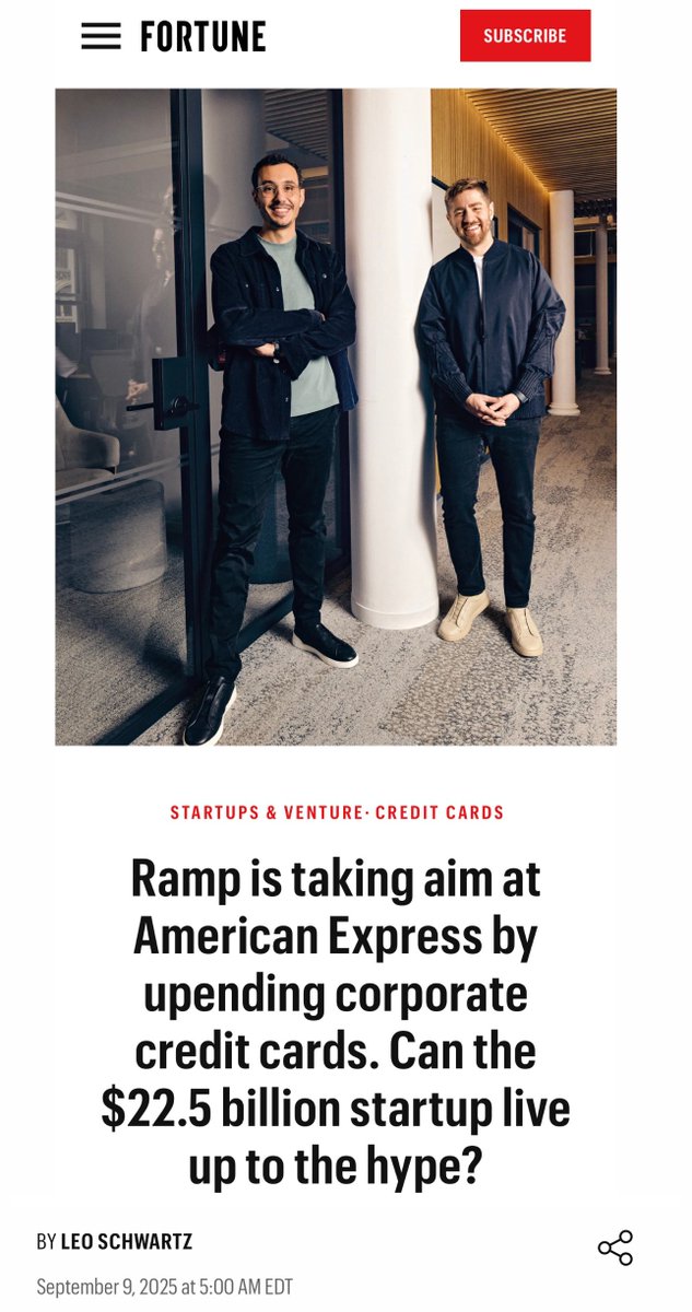 eglyman's tweet image. Five years ago, @tryramp launched its first product. Last month, we crossed $1B in annualized revenue—while generating free cash flow.

Banks sell money. Ramp sells something different: time.

Grateful to @leomschwartz and @packym for two of the most extraordinary deep dives yet