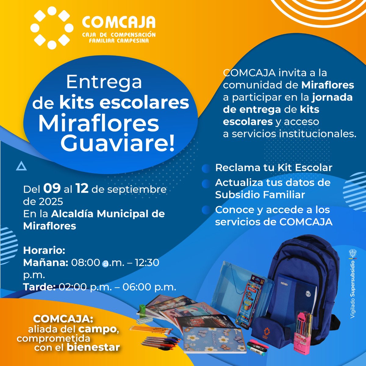 🎒✨ ¡Atención comunidad de Miraflores!
Del 09 al 12 de septiembre COMCAJA estará en la Alcaldía Municipal para la entrega de Kits Escolares y la atención de servicios.

#COMCAJATeAcompaña #KitsEscolares #Guaviare #Miraflores #COMCAJA