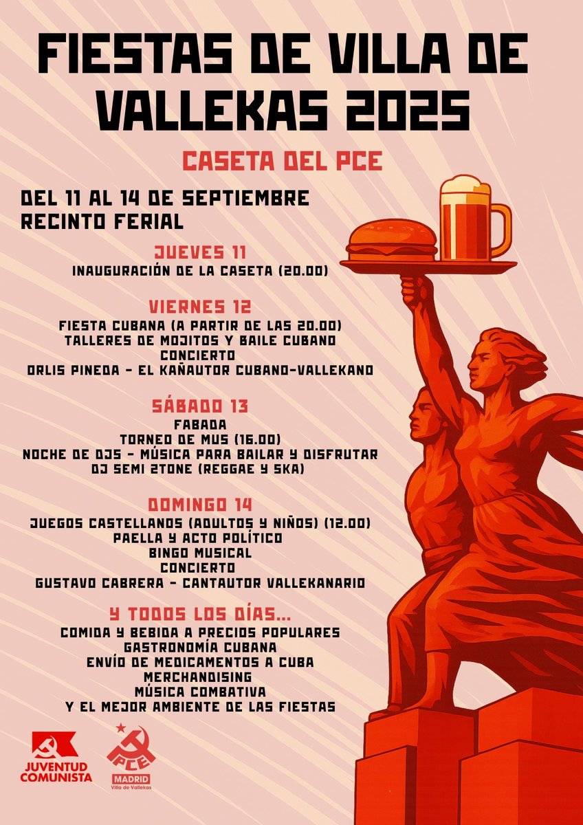 📢 ¡Por fin llega la caseta de <a href="/elpcm/">Partido Comunista de Madrid</a> y <a href="/UJCEMadrid/">Juventud Comunista en Madrid</a> en las Fiestas de Villa de Vallekas!

👉 Desde este jueves disfruta del ambiente más combativo de nuestras fiestas, ¡no te pierdas nada!

🧵 ¡Dentro hilo! 🧵