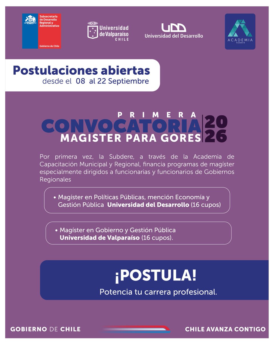 ¿Trabajas en un Gobierno Regional? ¡Este es tu momento para perfeccionarte y crecer profesionalmente! 📚

Postula a uno de los dos magísters ofrecidos hasta el 22 de septiembre.

Más información en academia.subdere.gov.cl/Magister_2025/