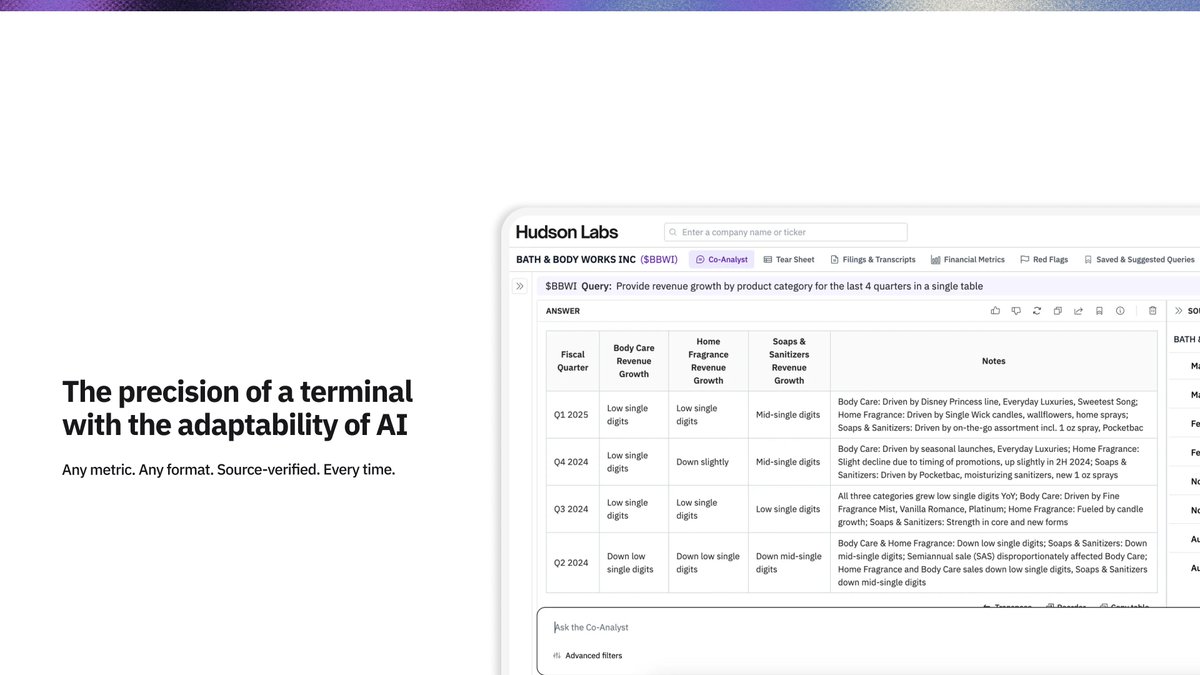 KrisBennatti's tweet image. Most AI fails in finance ❌

Hallucinations. Missed guidance. Inaccurate numbers.

Today we launch The Co-Analyst → high-precision AI for institutional investors.

Used by funds managing $1T+ AUM.

Only the facts. Direct-from-source. Every time.