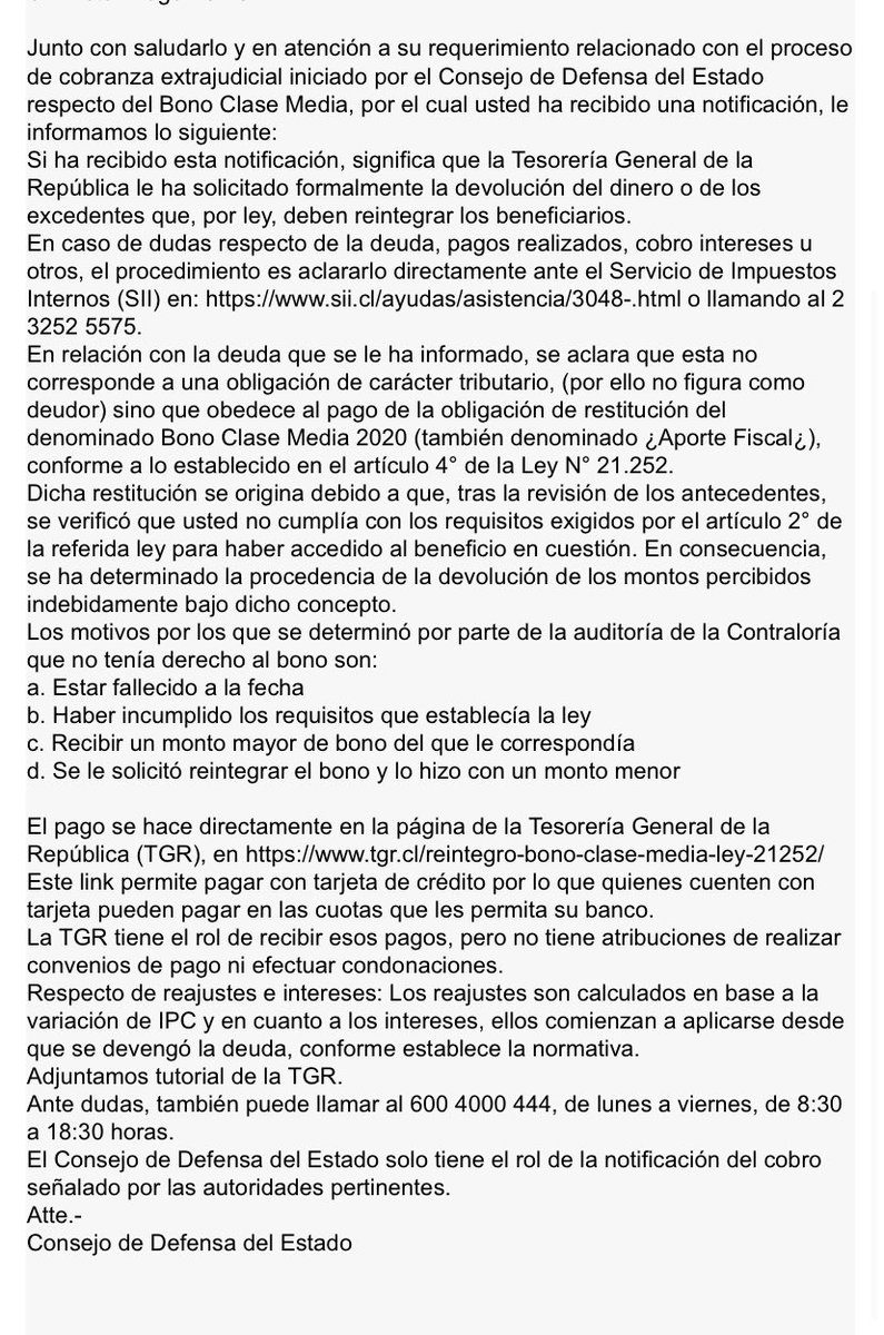 Constanza1213's tweet photo. @ElenyDarling @CDE_CHILE @tgrchile @rodrigosepu @meganoticiascl @CNNChile @chvnoticias @biobio Me respondieron de la Cde que no aparecerá como deuda fiscal , adjunto documento con respuesta https://t.co/KxYrxa3Kwx