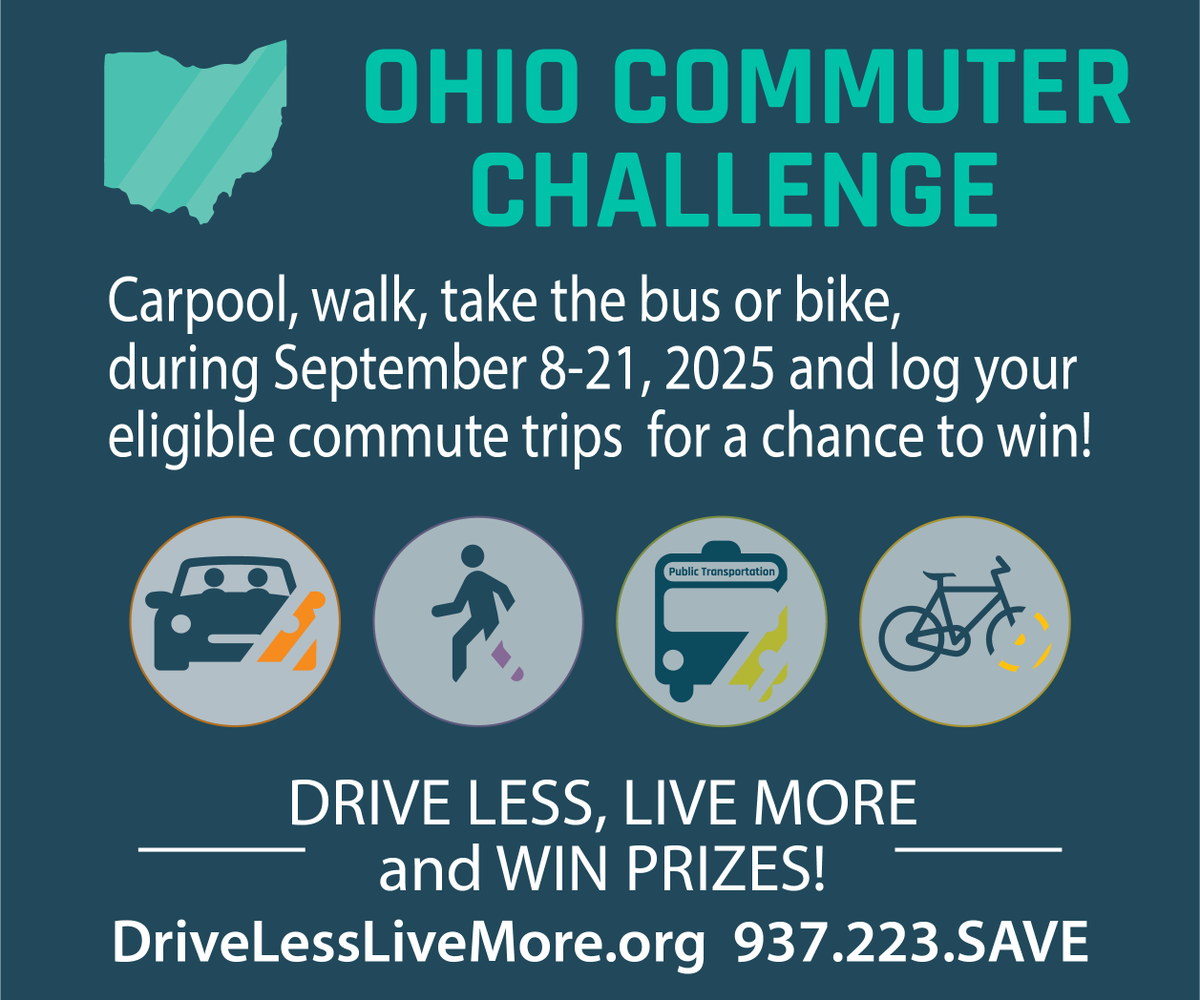 mvrpc's tweet photo. Bike to work during the Ohio Commuter Challenge! The Miami Valley has 350+ miles of trails—healthy, low-cost, and fun. Log your bike trips through Sept 21 at https://t.co/UGMUJTB37r. #DriveLessLiveMore #OhioCommuterChallenge https://t.co/YhuT4jskUh