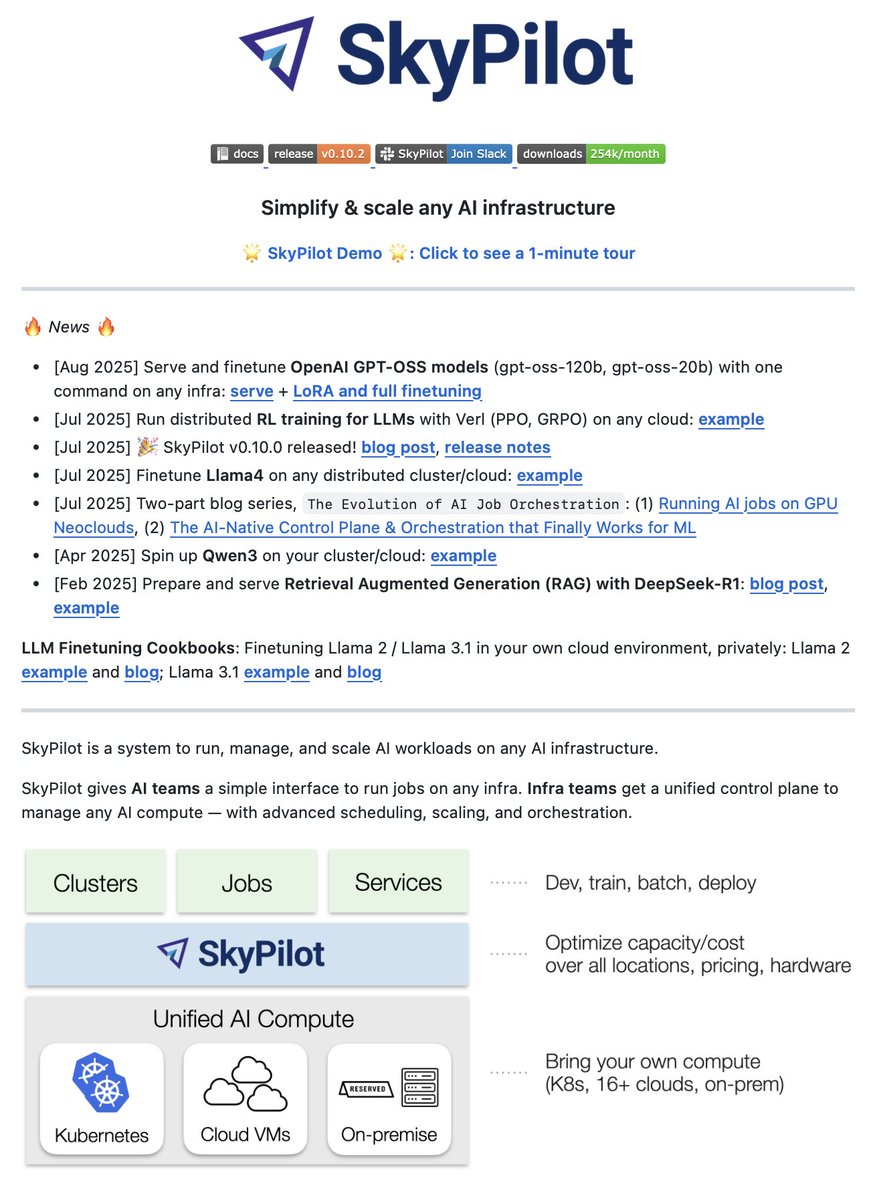 Run, manage, and scale AI workloads on any infrastructure!

SkyPilot is an open source framework that provides a unified, cloud-agnostic control plane for launching, monitoring, and optimizing AI workloads.

100% Open Source.