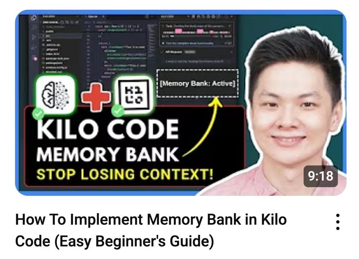 kilocode's tweet image. Check out the new Tutorial on Memory Banks by @CodeWithNathan
