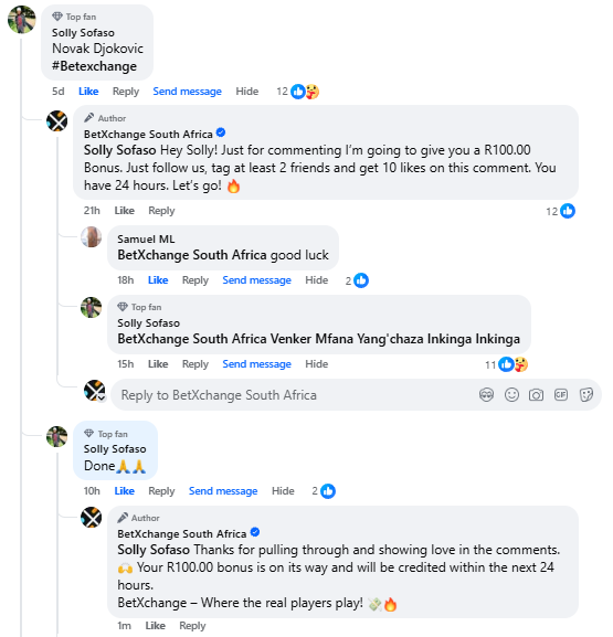 betXchange's tweet photo. 🚨CONGRATULATIONS TO SOLLY!!! 🚨
Another One! R100 Bonus for our lucky winner, JUST FOR COMMENTING.🤑

Could you be next? 👀 We take care of our family. 🏆
#SportsBetting #R100Bonus #BonusWinner #BetXchange #Giveaway #CommentToWin #FreeGiveaway #LuckyWinner #Commenting https://t.co/WhBVV1N0H1