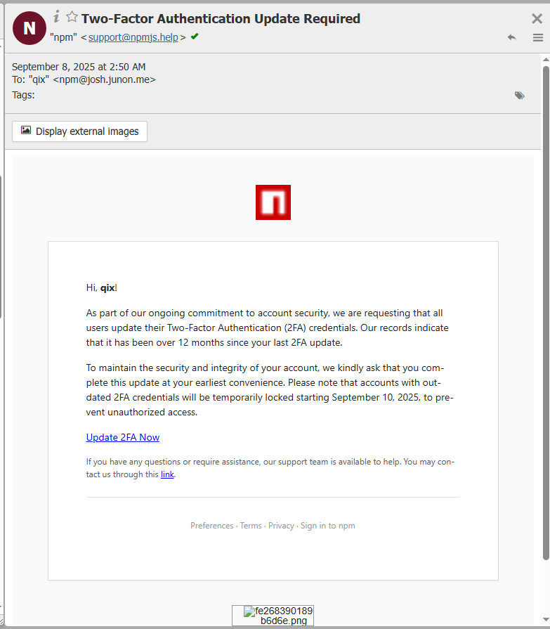 Someone used npmjs(dot)help to send phishing emails to the package managers, injecting malicious code that intercepts blockchain transactions in the browser. 😂

Simple trick, but even the best engineers didn’t see it coming. 😂

When you buy a domain, don’t stop at the .com.