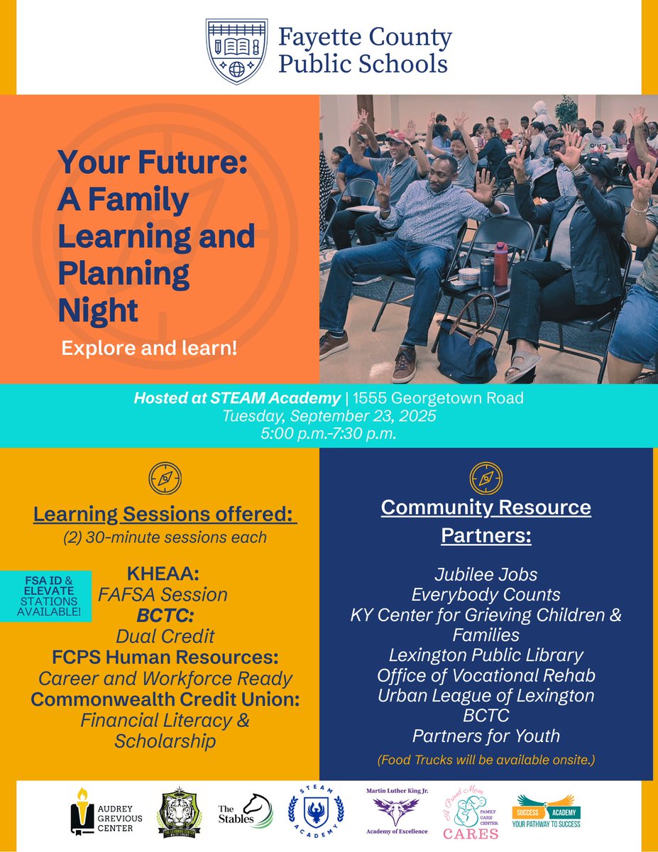 TLCWhiteTiger's tweet photo. 📍 STEAM Academy | 1555 Georgetown Rd
📅 Tuesday, Sept. 23 | ⏰ 5–7:30 PM
✅ Learning sessions: FAFSA, Dual Credit, Career &amp; Workforce Ready, Financial Literacy &amp; Scholarships
✅ Community partners: Jubilee Jobs, Lexington Public Library, Urban League, BCTC &amp; more! https://t.co/3E5CSuVWqM
