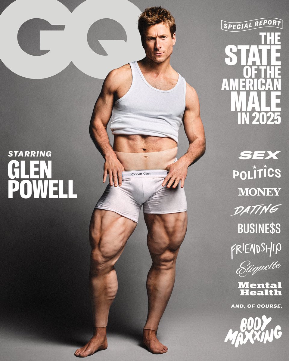 zachbaron's tweet photo. “I just find that it’s cool and tough to be open and vulnerable” - Profiled Glen Powell for GQ’s special “State of the American Male in 2025” issue https://t.co/ttbUUV3Wds https://t.co/yrFUgDnroN