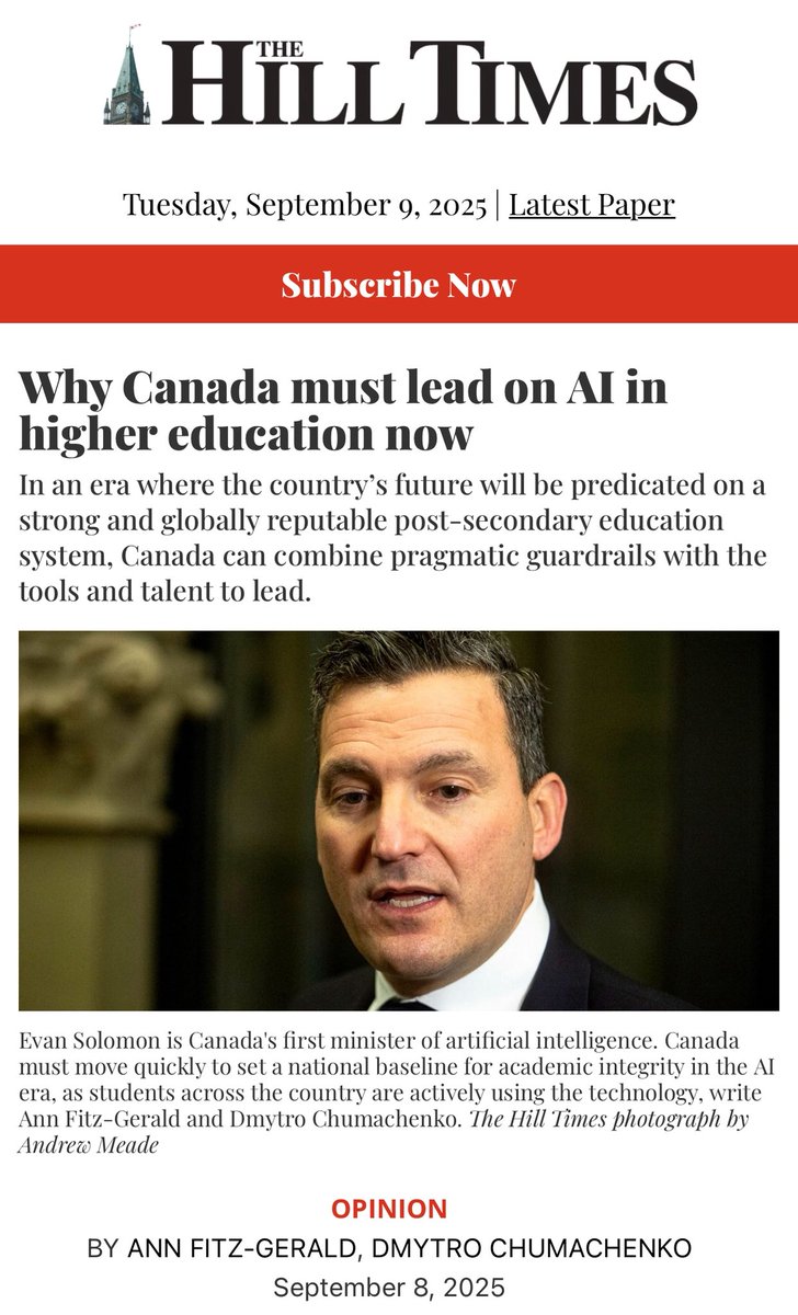 Ann Fitz-Gerald (@afitz3105) on Twitter photo AI is reshaping learning, teaching & research on Canadian campuses. 🇨🇦’s resilience rests on a strong higher education sector — and a unified federal approach to ensure AI serves learning, research & the public interest.
<a href="/DrChumachenko/">Dmytro Chumachenko</a> <a href="/BalsillieSIA/">Balsillie School of International Affairs</a> AI is reshaping learning, teaching & research on Canadian campuses. 🇨🇦’s resilience rests on a strong higher education sector — and a unified federal approach to ensure AI serves learning, research & the public interest.
<a href="/DrChumachenko/">Dmytro Chumachenko</a> <a href="/BalsillieSIA/">Balsillie School of International Affairs</a>