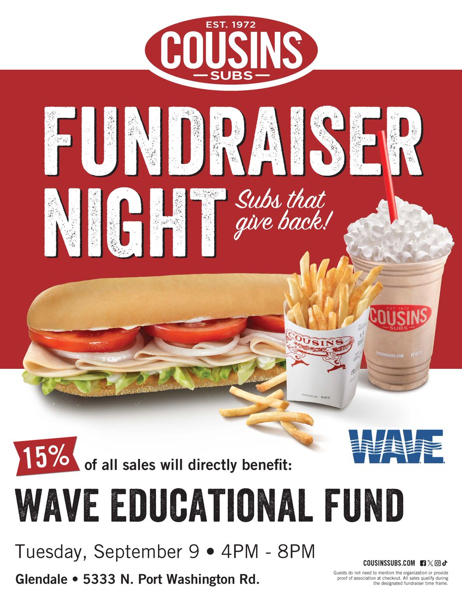 WaveEdFund's tweet image. If you love Cousins Subs AND preventing violence, tonight is the night for you! Stop by the #Glendale Cousins on N. Port Washington Road between 4:00 and 8:00 p.m. 15% of all sales will come back to benefit #WaveEdFund. #TIA for your support!!