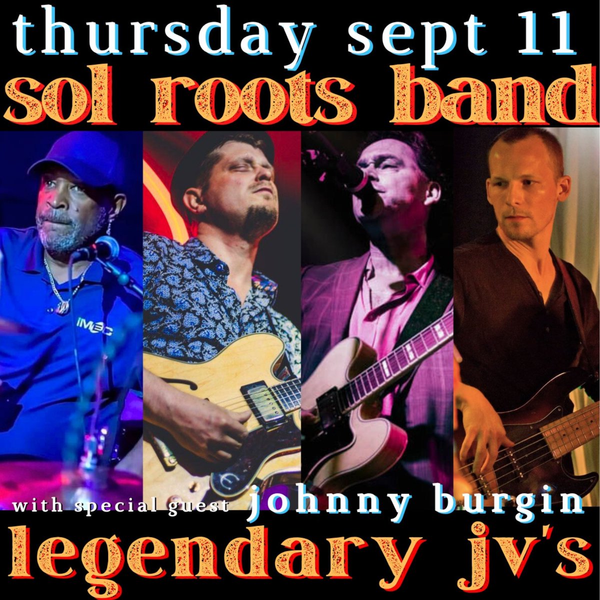 SolRoots's tweet photo. THURS SEPT 11
Sol Roots w @BurginJohnny
legendary JVs
NorthernVA

"Johnny is a dynamic &amp; engaging bandleader, a mature, seasoned guitarist"

Burgin has spent his life learning from Chicago Blues masters&amp; is a fantastic teacher

"Sol is a fierce guitarist&amp; soulful singer" @JamBase https://t.co/1AEpAhBEci