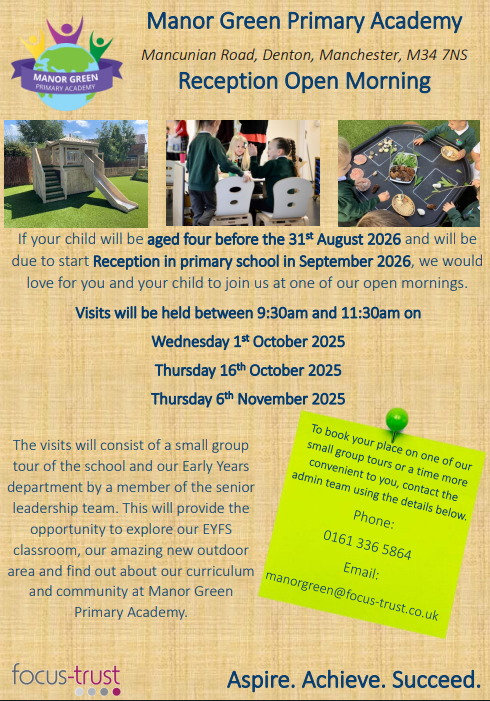 MrPollardMG's tweet photo. If your child is due to start Reception in primary school in September 2026, we would love for you to join us at one of our @TeamManorGreen open mornings!   Please find all the details attached below. We hope you are able to join us!
@newsintameside
@TamesideCorr
@FocusTrust1 https://t.co/NXLgiacFLL