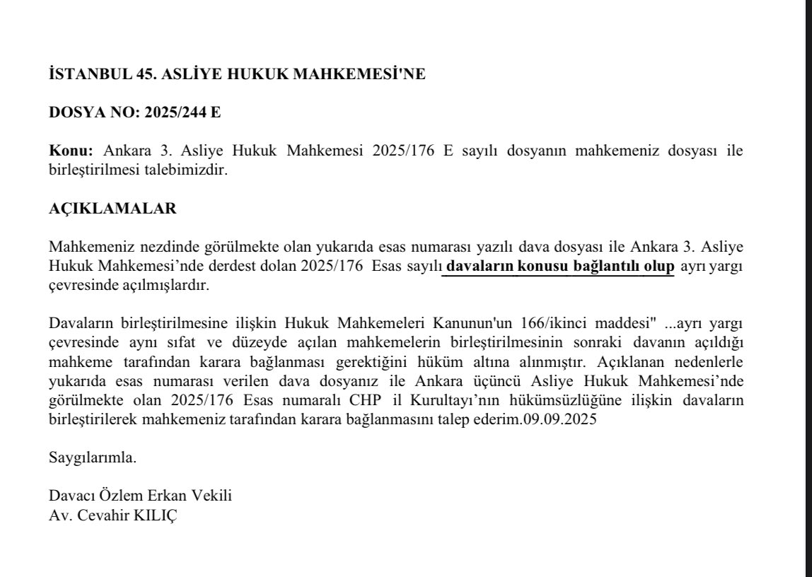 chp istanbul il yönetiminin görevden alınmasına neden olan başvuruyu yapan özlem erkan, şimdi de bu dosya ile ankara'daki kurultay dosyası birleştirilsin diye başvurmuş.

yani istanbul'a heyet atandı, chp genel merkezine de atansın diyor.