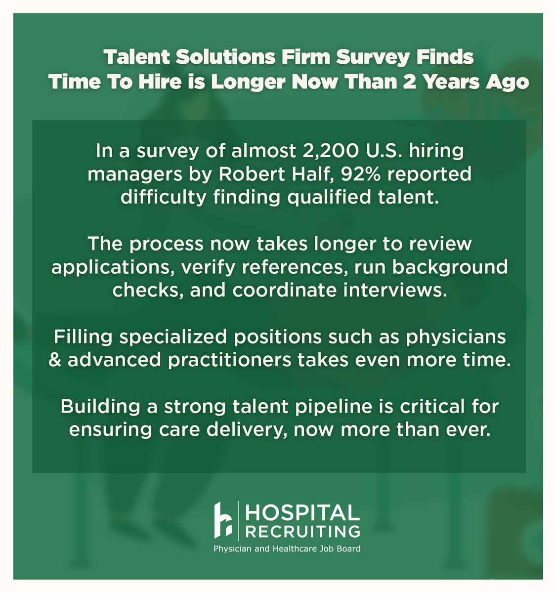 Amidst a national staffing crisis, time to hire is now longer than it was 2 years ago. 92% of hiring managers surveyed report difficulty filling their roles.

How is your organization working to bridge the talent gap?

#recruitment #recruiting #hospital #healthcare #hr #physician