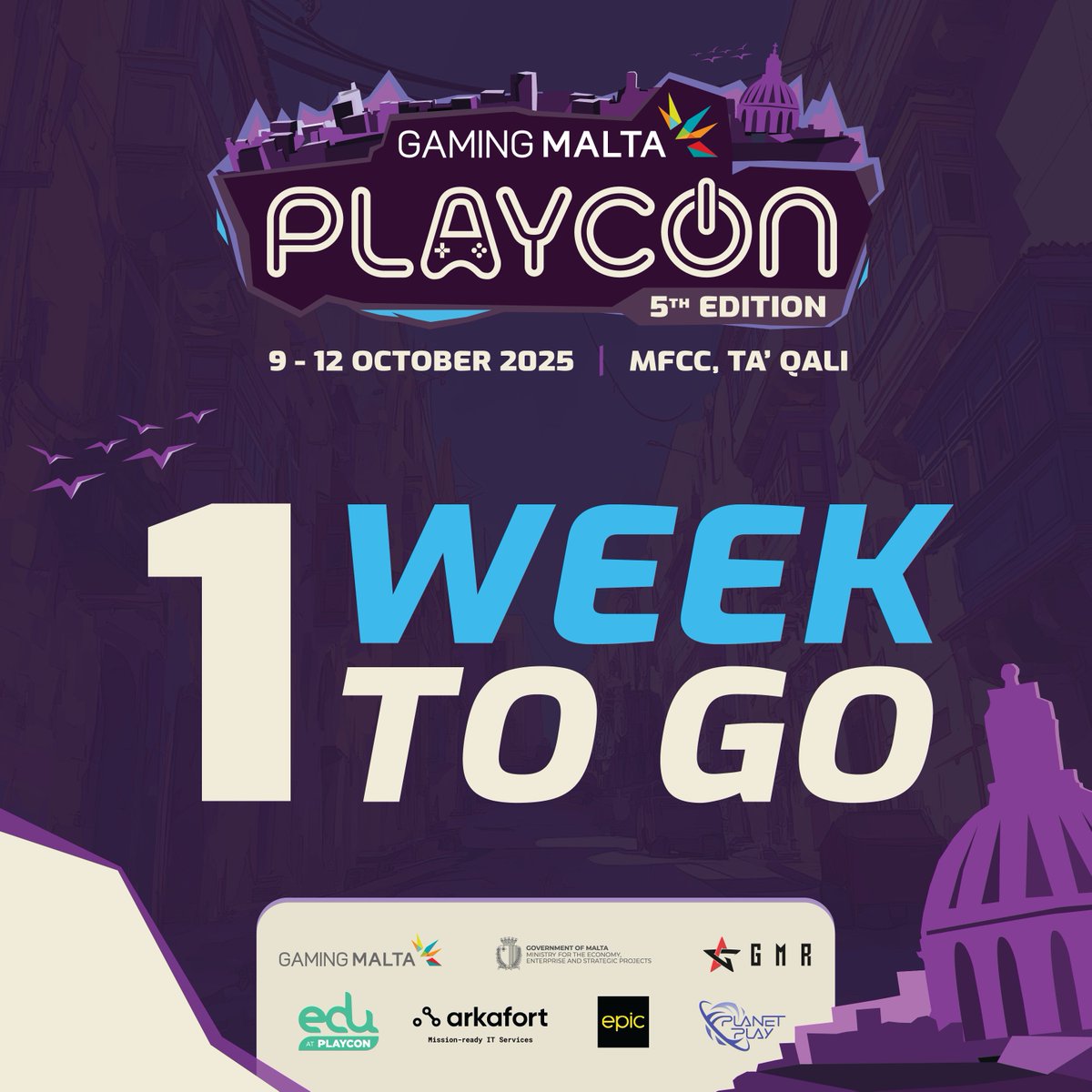 playconmt's tweet image. The final countdown has begun! 🚀 PLAYCON 2025 is just ONE WEEK away.

All roads lead to Malta for the greatest gathering of gamers. Secure your free passes now at playcon.eu!

#PLAYCON #PLAYCON2025