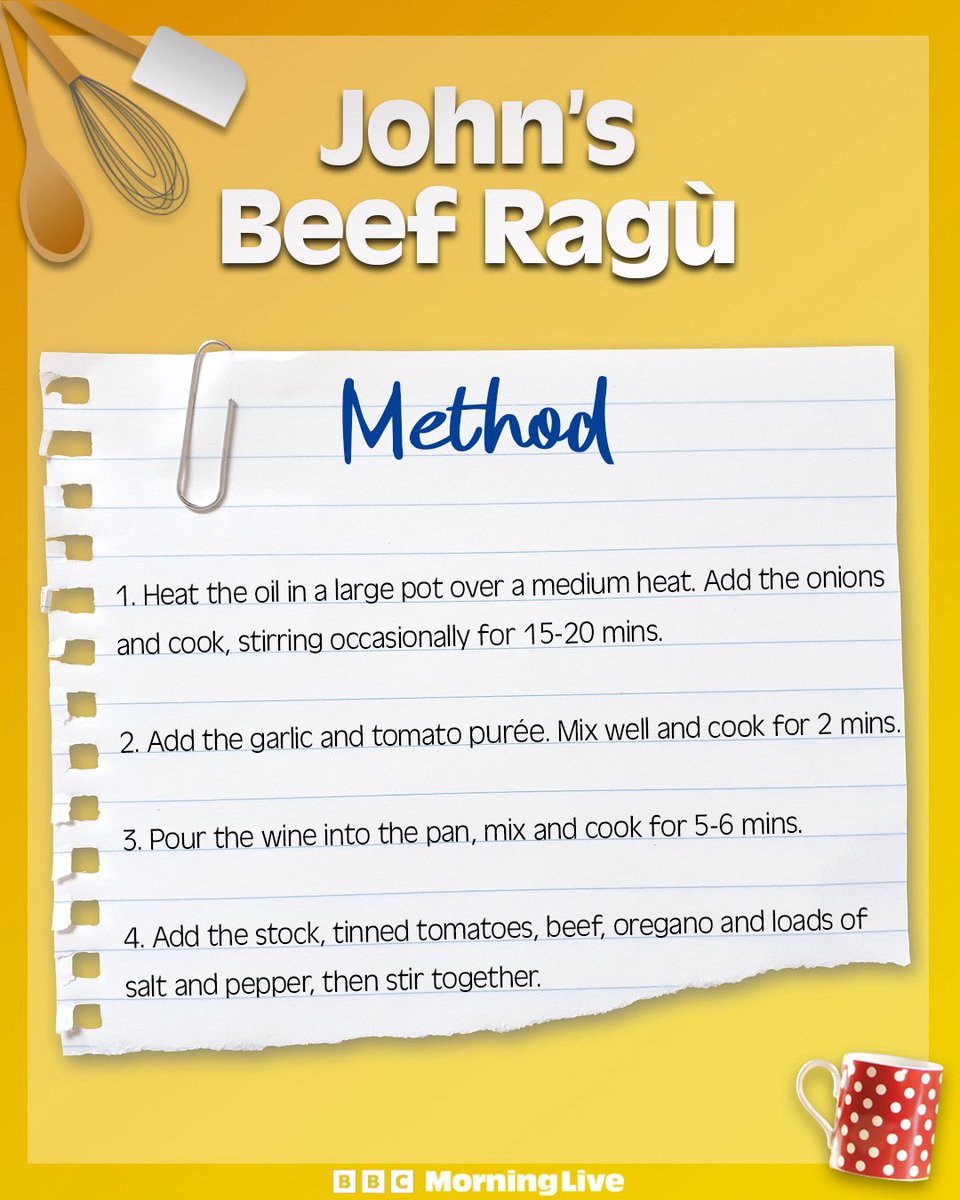BBCMorningLive's tweet photo. Here’s John’s beef ragù recipe - perfect for batch cooking and serving up with different sides across the week😋
#batchcook #recipe #dinnerinspo https://t.co/QOqxFKBMHe