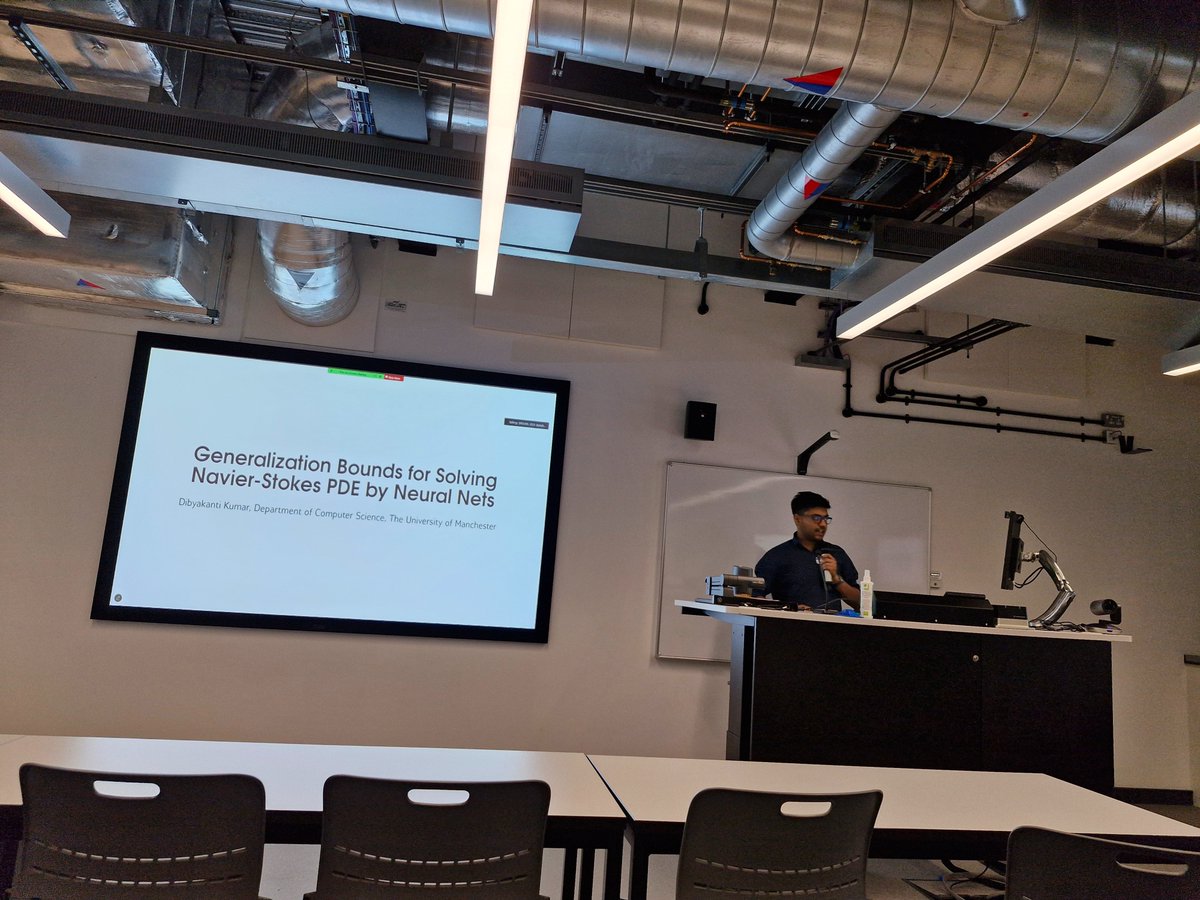 At #DRSciML, my student Dibyakanti Kumar presenting our results on sample complexity of solving Navier-Stokes PDE via neural nets. Possibly the first such generalization error bounds for a non-linear PDE. #AI4Science #ScientificML