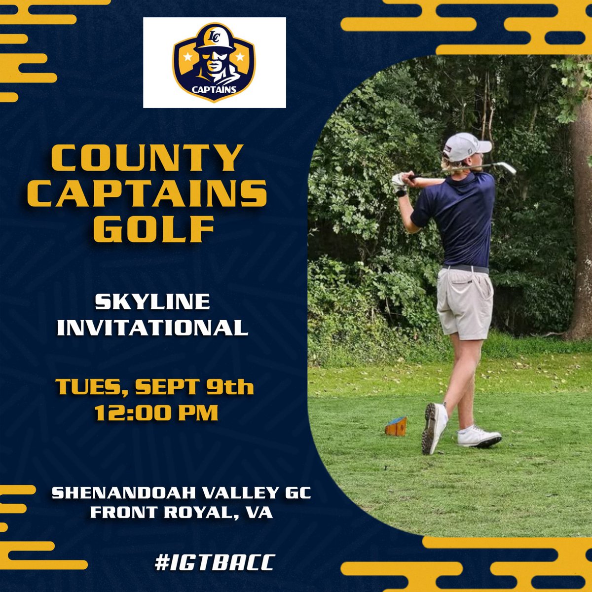 Today the Captains Golf Team travels to Front Royal to take part in the Skyline Invitational! Tournament play gets underway at 12:00 pm at Shenandoah Valley GC. Good luck Captains! #IGTBACC