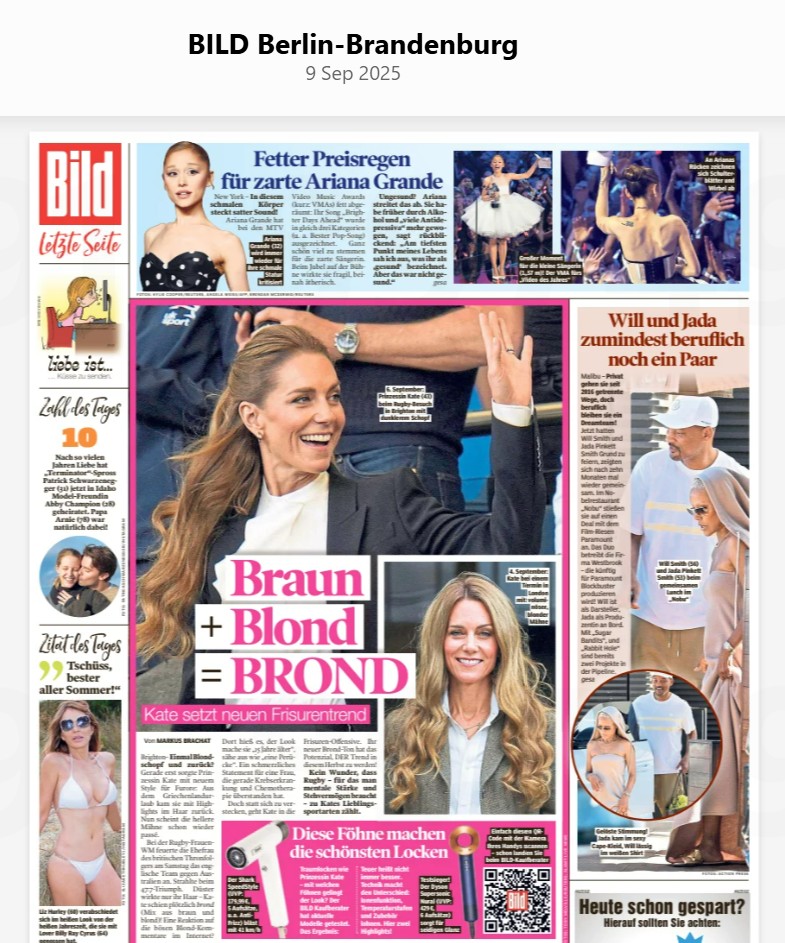 Meanwhile  #CatherinePrincessofWales's visit to watch the women's rugby and her varying hair shades is fascinating these 2 newspapers from Australia &amp; Germany