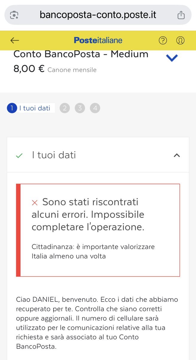 danipostolache's tweet photo. qualcuno che mi spiega l’errore alla apertura conto Poste Italiane 
#posteitaliane https://t.co/mkAnk3bF2V