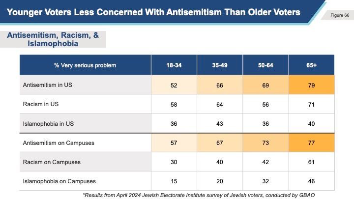 While Jewish voters view antisemitism as a very serious problem, older generations are much more concerned about antisemitism than younger generations. 

This generational divide includes concerns about antisemitism on college campuses.