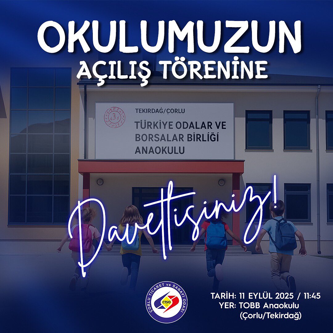 TOBB Başkanı Sn.M. Rifat HİSARCIKLIOĞLU’nun katılımlarıyla gerçekleşecek olan Türkiye Odalar ve Borsalar Birliği Anaokulumuzun Açılış Töreninde sizleri de aramızda görmekten memnuniyet duyarız. ✨

#TOBB #ÇorluTSO #Eğitim #GeleceğeYatırım #AçılışTöreni